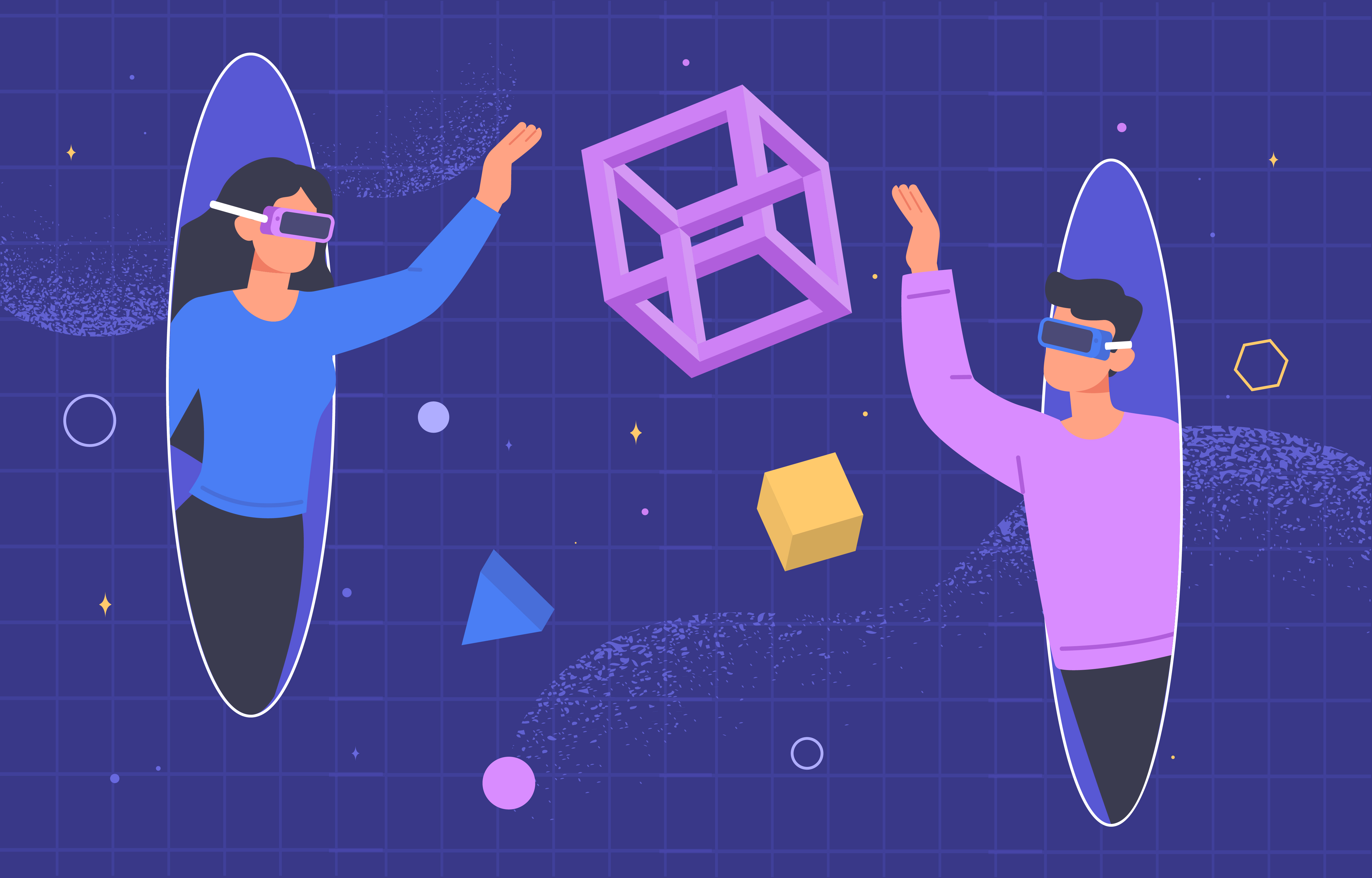 Man and Woman with VR glasses exploring a dimension of volumetric figures through portals